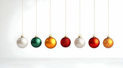 Colorful Christmas Ornaments Hanging Against White Background