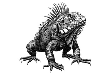 Obraz premium Animal print illustration of a hand-drawn iguana, black sketch effect, vintage art, trendy, white background, old engraving, wildlife decor, retro style.
