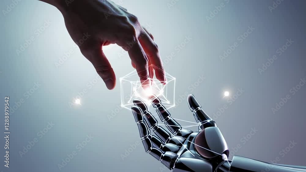 Poster Robotic and human hands gently touching. Symbolizing innovative technological connection with luminous digital visualization representing future collaboration between machinery and human interaction