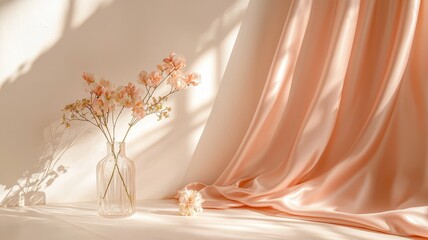 Romantic Pastel Spring Background. Delicate flowers with soft fabric backdrop
