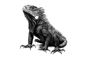 Animal print in vintage art style, hand-drawn iguana, black sketch effect, trendy illustration, old engraving, white background, retro design, wildlife art.