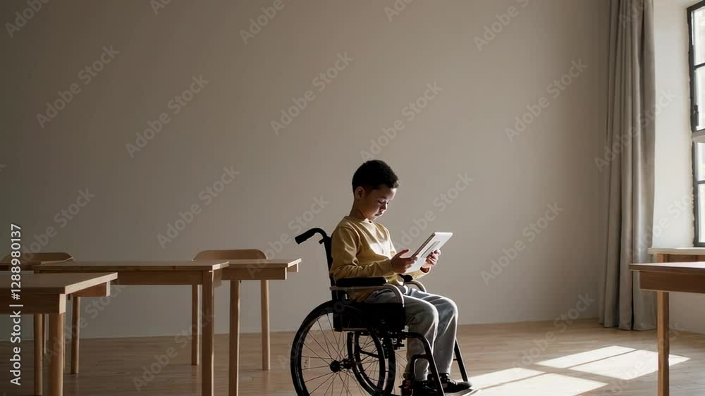 Poster focused young student with disability utilizing digital tablet while seated in wheelchair, navigatin