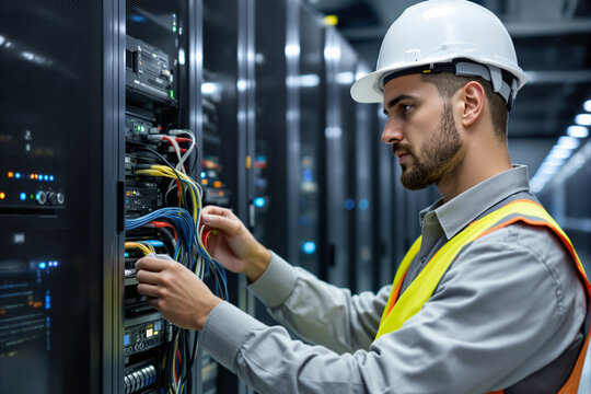 Technician is adjusting cables in a server rack while wearing a hard hat and safety vest. The setting features a modern data center with illuminated equipment