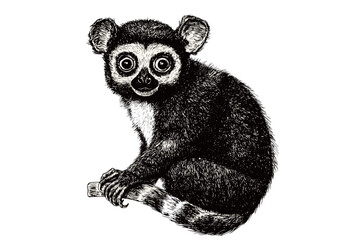 Animal art, hand-drawn indri in vintage engraving style, black sketch effect, wildlife illustration, trendy wall decor, monochrome artwork, nature design, home decor.