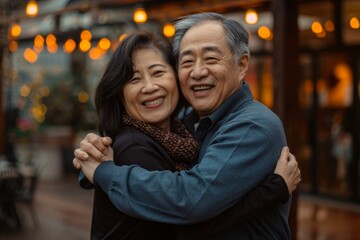 Obraz premium Portrait of a smiling asian couple in their 50s dancing together