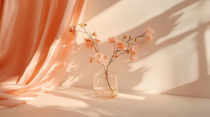 Romantic Pastel Spring Background. Soft pink flowers in a glass vase