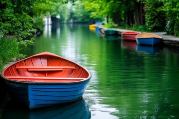 Obraz premium Colorful Boats on Serene Canal - Vibrant rowboats moored on a calm, green canal, surrounded by lush greenery. A picturesque summer scene