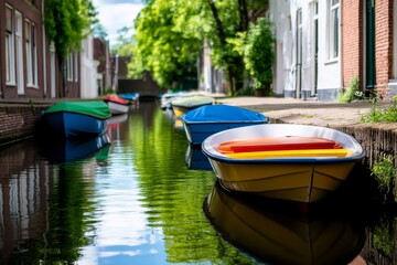 Obraz premium Colorful Boats in Canal - Small colorful boats are moored along a picturesque canal, lined with traditional buildings and lush greenery