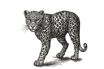 Hand-drawn jaguar wildlife illustration, vintage animal art, black sketch effect, trendy wall decor, old engraving style, white background, nature decor, wild cat art, jungle print. © Vintage Studio