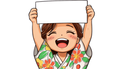 Cheerful young woman with a happy excited expression raising a blank white placard or sign against a vibrant floral background  Representing positive an upbeat joyful mood