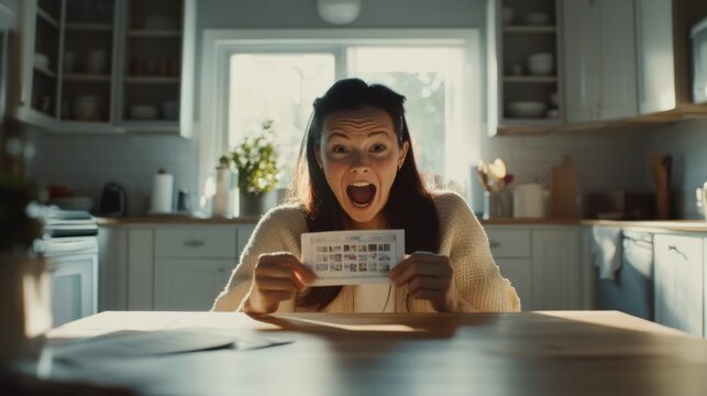 A woman sitting at her kitchen table, looking at her winning lottery ticket with excitement. Featuring joy and surprise