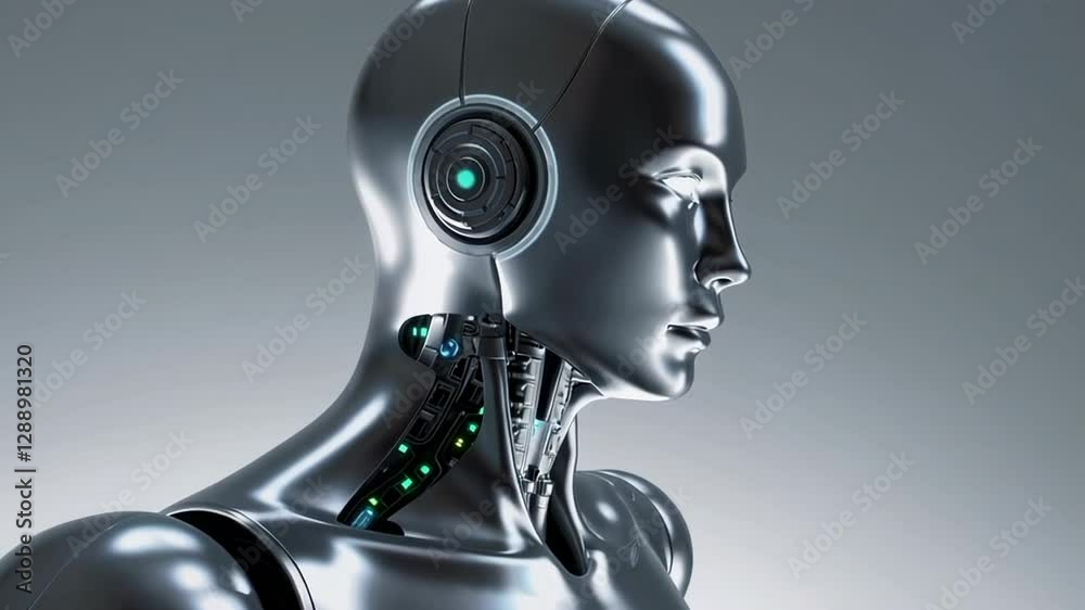 Poster Advanced android robot revealing cutting edge technological capabilities, moving smoothly against neutral background, highlighting sleek metallic design and innovative engineering precision