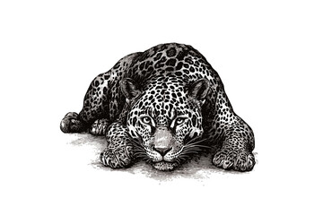Jaguar illustration in black sketch effect, old engraving style, trendy animal art, vintage wildlife decor, wall decor, white background, jungle art, wild cat print, nature drawing.