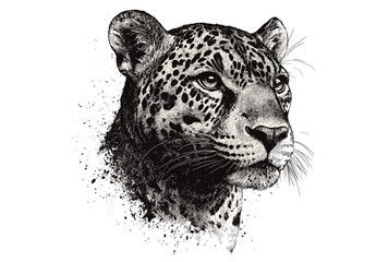 Vintage animal art, hand-drawn jaguar wildlife illustration, black sketch effect, old engraving style, trendy wall decor, wild cat decor, white background, jungle wall art, nature print.