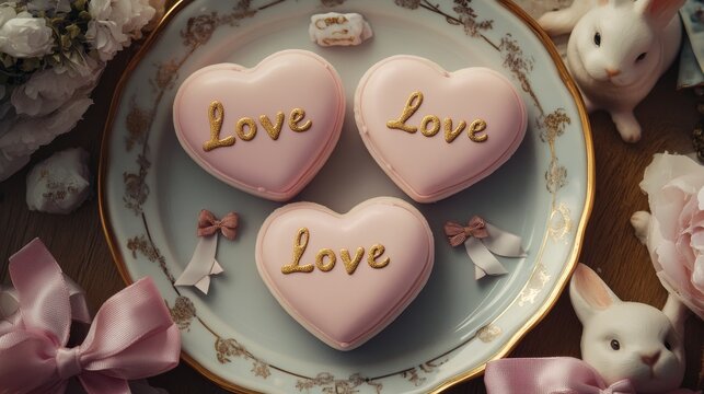 Fototapeta A close-up of a beautifully arranged plate featuring three artistic heart-shaped mousse cakes in soft pink hues, decorated with bows. Delicate golden "love" inscriptions and ceramic bunny figurines 