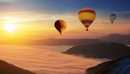 Obraz premium Paisaje aereo con globos aerostáticos de colores volando entre nubes y montañas para decoración mural, portadas de viaje y comunicación evocando turismo ibertad, sueños, esperanza, superación futuro