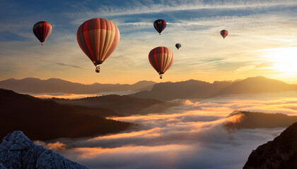 Obraz premium Bonito paisaje aereo con globos aerostáticos de colores volando entre nubes y montañas para decoración mural, portadas de viaje y comunicación turismo ibertad, sueños, esperanza, superación
