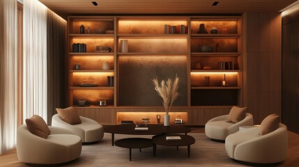 Modern interior design with shelves and warm lighting 
