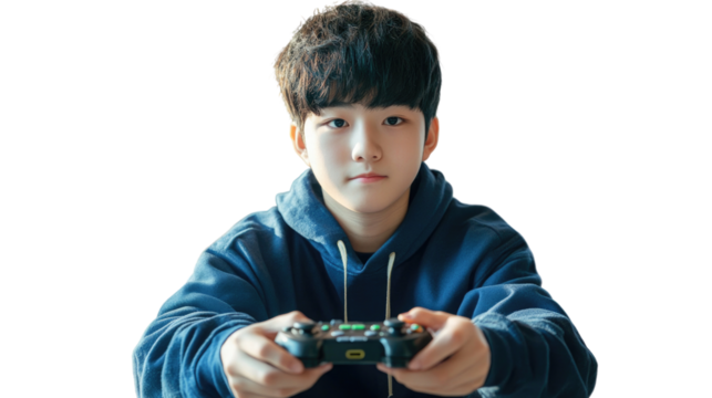 
teenage guy of Asian appearance, focused on games with a controller in his hand, on a white transparent background, emphasizing enthusiasm and concentration
