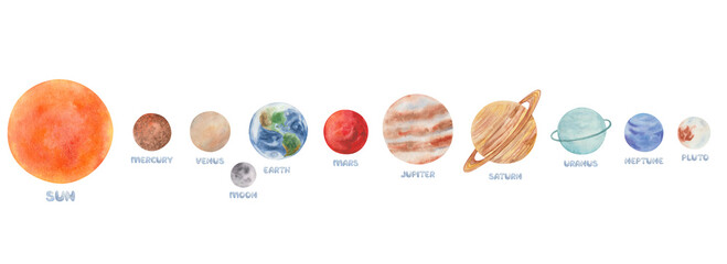 Watercolor set of illustrations. Hand painted solar system planets in order with star Sun, satellite Moon. Mercury, Venus, Earth, Mars, Jupiter, Saturn, Uranus, Neptune, Pluto. Isolated space objects