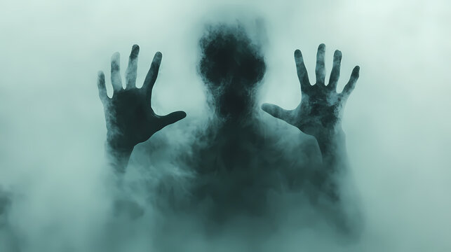 A ghostly figure behind foggy glass, hands reaching out with an mouth open face. Shadowy Figure in Fog. Illustration