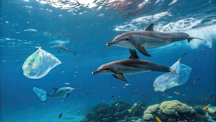 Obraz premium Dolphins navigating a polluted underwater environment