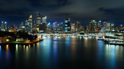 Fototapeta premium Panoramic view of city skyline at night from office window