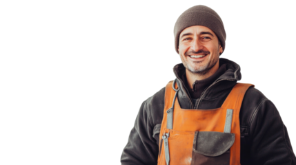 Smiling worker showcasing pride in craftsmanship while wearing warm work attire during a sunny day outdoors