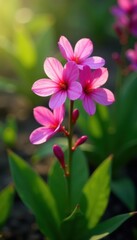 Fototapeta premium showy, pink flowers with five petals on a stem, flowering plant, garden, spring bloom