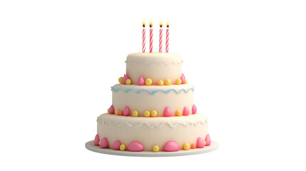 Colorful tiered birthday cake with candles and decorations in pastel colors for a celebration