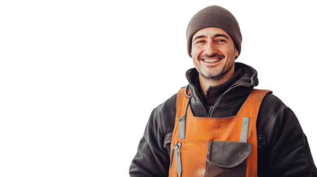 Smiling worker showcasing pride in craftsmanship while wearing warm work attire during a sunny day outdoors