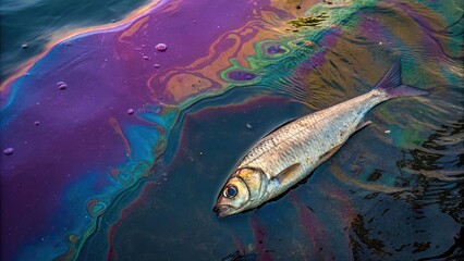 Fototapeta premium Fish floating in polluted water with oil slick reflections
