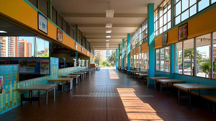 Empty Food Court with Bright Sunlight and Colorful Walls