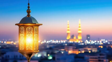 Ramadan Lantern at Dusk: Illuminated lantern glows warmly against the backdrop of a city skyline, mosques, and the twilight sky, evoking a sense of serenity.