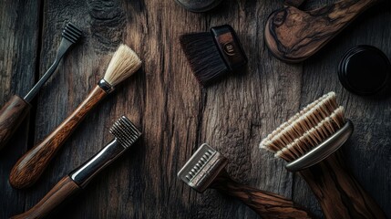 Wooden handled brushes and tools arranged on wood