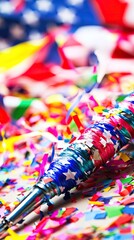 Fototapeta premium Vibrant Colorful Confetti Celebration with Festive Party Horn for Joyful Events