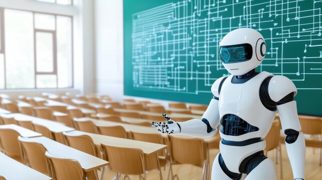 Classroom Robot: A futuristic robot stands before an empty classroom, with a digital circuit board diagram on the chalkboard, suggesting an innovative approach to education.