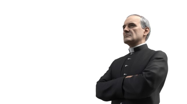 Realistic figure of a priest standing confidently against a plain background in a thoughtful pose