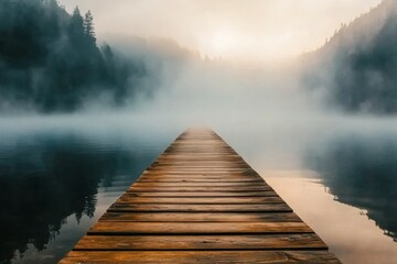 Fototapeta premium Tranquil wooden pier extending into misty lake at sunrise