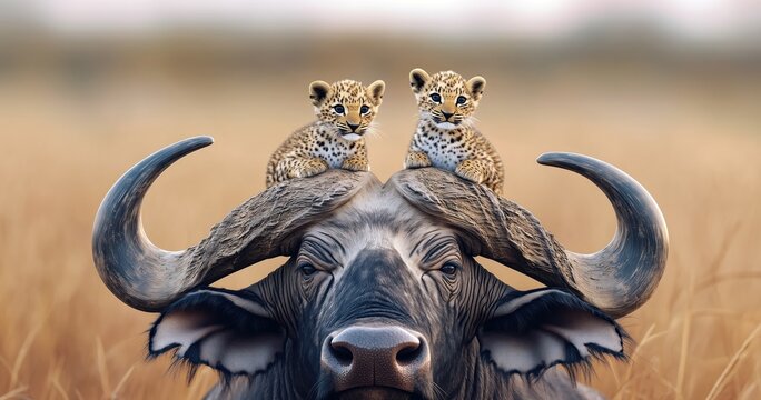 Portrait en gros plan de deux b&eacute;b&eacute;s l&eacute;opards assis sur la t&ecirc;te d'un buffle adulte dans la savane africaine.