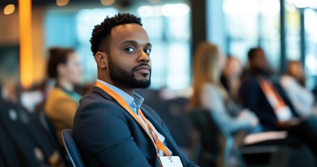 Fototapeta premium Un homme noir adulte aux cheveux courts et à la barbe, vêtu d'une tenue professionnelle, assis au premier rang du public lors d'une conférence.