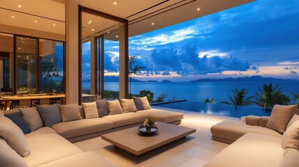 Fototapeta premium Luxury living room with ocean view in the evening