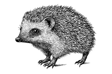 Black sketch of a hedgehog, animal print, vintage art, hand-drawn engraving style, trendy illustration, white background