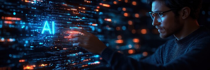 Naklejka premium Man interacts with glowing AI hologram in a futuristic digital environment