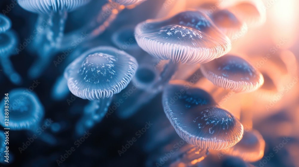 Poster a detailed view of a cluster of mushrooms, ideal for use in nature-themed designs or illustrations