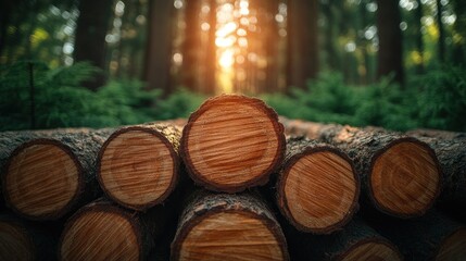 Sunlit Forest Logs Stacked