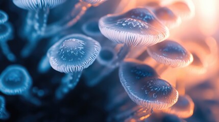 Obraz premium A detailed view of a cluster of mushrooms, ideal for use in nature-themed designs or illustrations