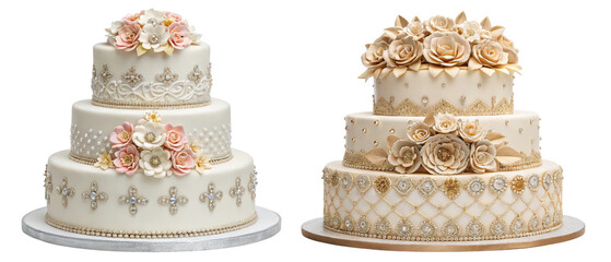 Two elegant wedding cakes with flowers isolated with transparent background