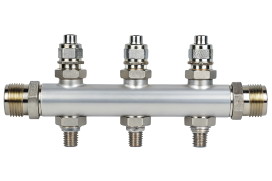 Triple pneumatic valve manifold fitting isolated with transparent background