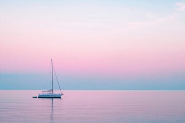 Naklejka premium A sailboat on calm water under a pastel sky. The serene scene reflects tranquility and minimalism, evoking a sense of peace and adventure on the open sea.